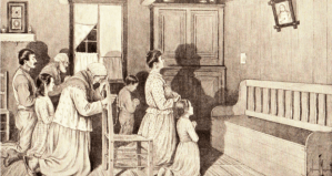 La prière en famille (Edmond-J. Massicotte, Les Canadiens d'autrefois, 1924).