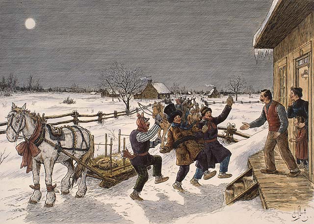 Le Mardi gras à la campagne, illustration d'Edmond J. Massicotte (source: Bibliothèque et Archives Canada).